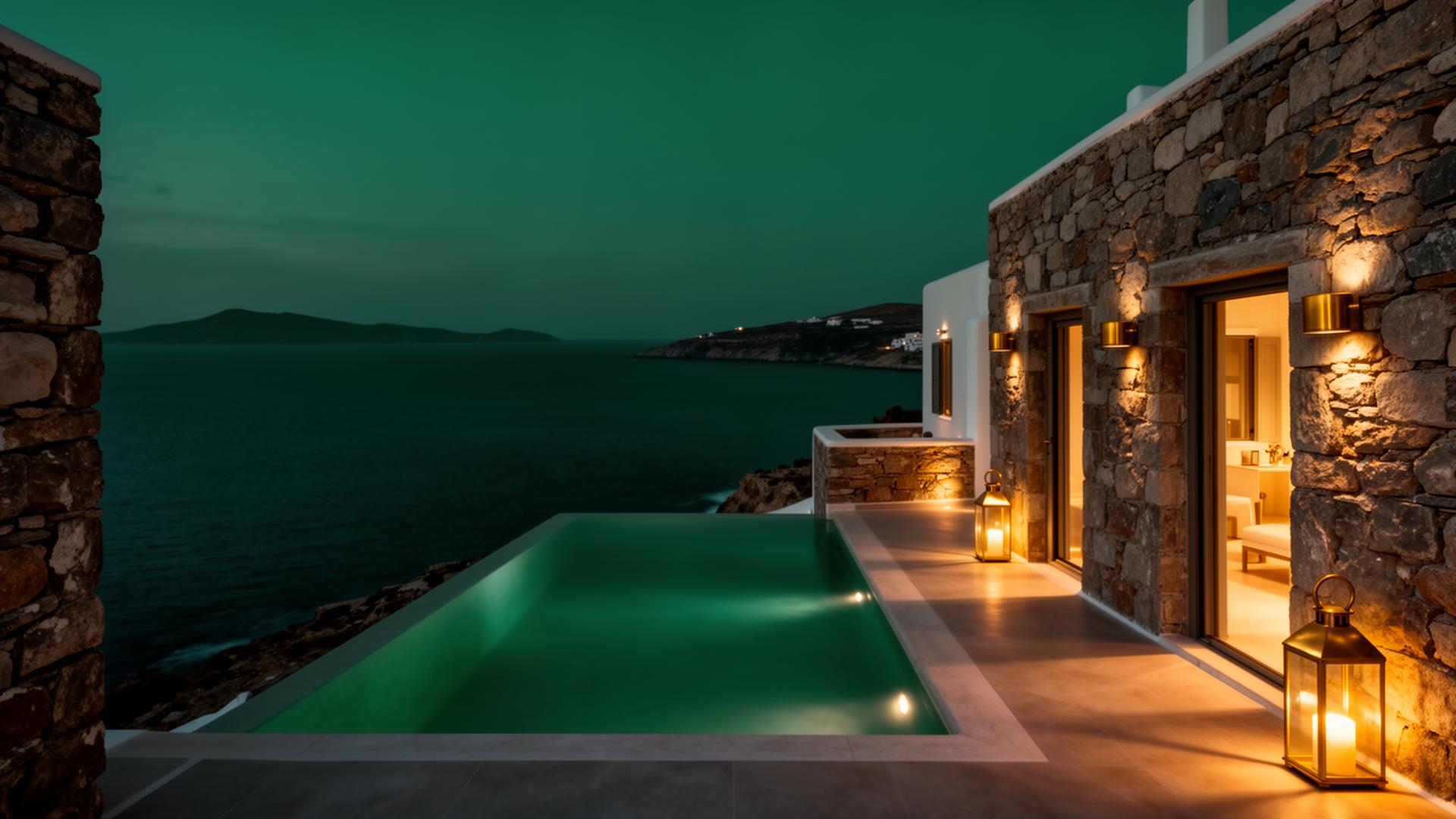 Stone villa in Andros at twilight with infinity pool overlooking the Aegean